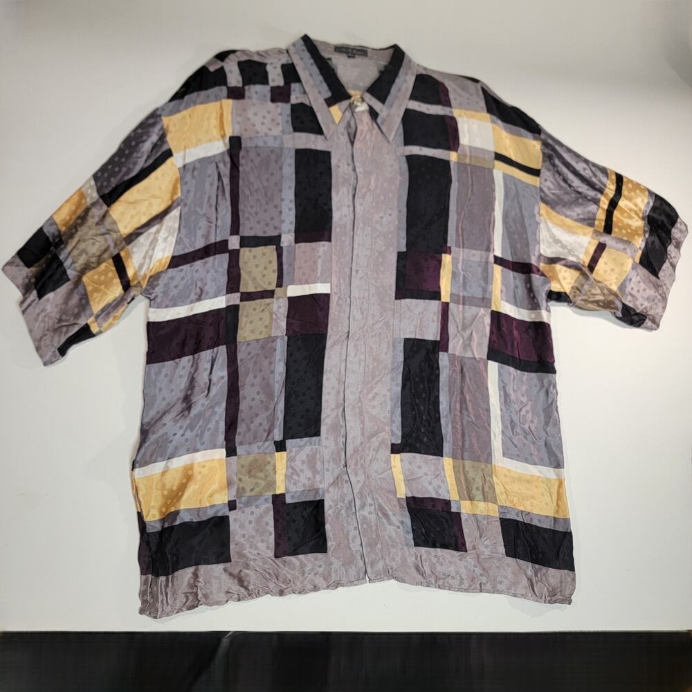 VTG Ceta Italiana Men’s XXL Silk Shirt Black Purple Yellow Short Sleeve